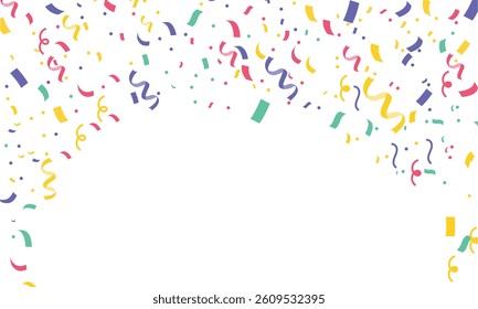 Colorful confetti top border frame, ideal for celebrations, parties, and festive events. Vibrant vector background design for invitations, greeting cards, posters, and social media posts.