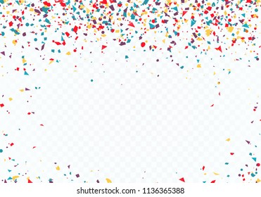 Colorful confetti. Top and bottom of the pattern is decorated with confetti. Vector illustration isolated on transparent background
