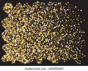 Colorful confetti triangles falling. Decorative design's elements. Vector illustration object. Gold invitation template, background image, poster or greeting card.