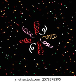 colorful confetti in various pastel shades dances across a Black background