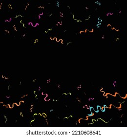 Colorful Confetti. Vector Festive Illustration of Falling Shiny Confetti Isolated on Black Black Background. Holiday Decorative Tinsel Element for Design