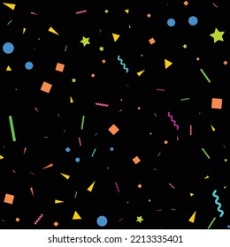 Colorful Confetti. Vector Festive Illustration of Falling Shiny Confetti Isolated on Black Black Background. Holiday Decorative Tinsel Element for Design