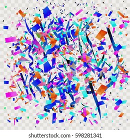 Colorful confetti. Vector festive illustration of falling shiny confetti isolated on transparent checkered background. Holiday decorative tinsel element for design