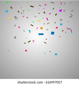 Colorful Confetti Vector Festive Illustration of Falling Shiny on Glowing Background. Holiday Decorative Tinsel Element for Your Design and Copy Space Texture.