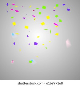 Colorful Confetti Vector Festive Illustration of Falling Shiny on Glowing Background. Holiday Decorative Tinsel Element for Your Design and Copy Space Texture.