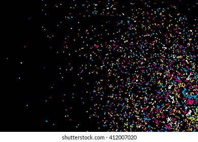 Colorful confetti vector on black background. Grainy abstract random texture design element. Colorful party background with glitter, sprinkles and space for your text on black. Distress. 