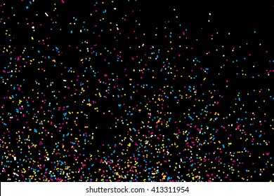 Colorful confetti vector on black background. Grainy abstract random texture design element. Colorful party background with glitter, sprinkles and space for your text on black. Distress. 