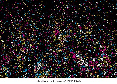 Colorful confetti vector on black background. Grainy abstract random texture design element. Colorful party background with glitter, sprinkles and space for your text on black. Distress. 