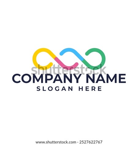 Colorful connected circle in triple infinity symbol in modern and minimalist style in yellow magenta blue and green color