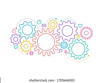 Colorful connected gears and icon for strategy,network,service,digital,communication business.Cooperation teamwork with rotation cogwheel mechanical system concept flat design vector illustration.