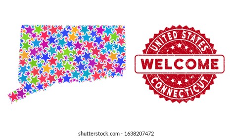 Colorful Connecticut State map composition of stars, and textured rounded red WELCOME seal. Abstract territorial plan in bright color tinges. Vector Connecticut State map is designed of bright stars.