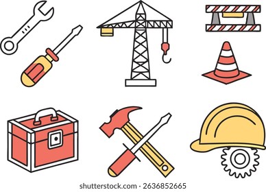 Colorful Construction and Tools Icons Illustration Set. Building and Repair Tools Icons in Colorful Style. Construction Equipment and Tools Icons Illustrations