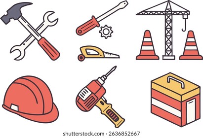 Colorful Construction and Tools Icons Illustration Set. Building and Repair Tools Icons in Colorful Style. Construction Equipment and Tools Icons Illustrations