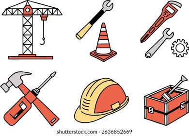 Colorful Construction and Tools Icons Illustration Set. Building and Repair Tools Icons in Colorful Style. Construction Equipment and Tools Icons Illustrations