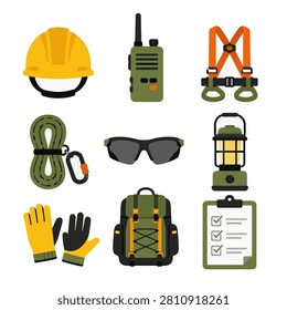 Colorful construction worker protective equipment and inspection tools icon collection featuring hard hat radio safety harness rope sunglasses lantern gloves backpack and checklist isolated on white background