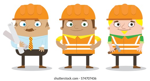 Colorful construction workers in helmets for different house remodeling and building works at construction site. 