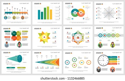 Colorful consulting or marketing concept infographic charts set. Business design elements for presentation slide templates. Can be used for financial report, workflow layout and brochure design.