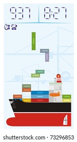 Colorful container ship cartoon with containers stowed in awkward angles like in a computer game - color vector cartoon illustration