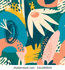 Colorful contemporary abstract floral collage with various of plants and geometric shapes seamless pattern in vector.
