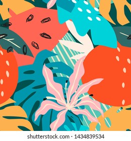 Colorful contemporary abstract floral collage with various of plants and geometric shapes seamless pattern. Vector design.