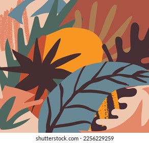 Colorful contemporary abstract tropical floral collage with various of plants and organic shapes pattern textile Vector design - Shutterstock ID 2256229259