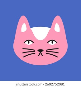 Colorful contemporary illustration of a funny cat face. Isolated cartoon pet character with a childish, cheerful expression.