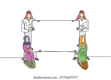 Colorful continuous line drawing of two Arabian businessmen and two Muslim businesswomen holding blank board. Teamwork diversity concept is suitable for a global business presentation or flyer design.