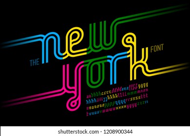 Colorful continuous line font, inline alphabet vector illustration