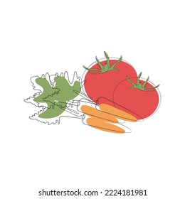 Colorful continuous one line art of healthy organic vegetarian food. Vegetables - tomato and carrot. Hand drawn vector illustration.