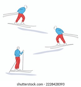 Colorful continuous one line art of skier stands and skiing on the mountain