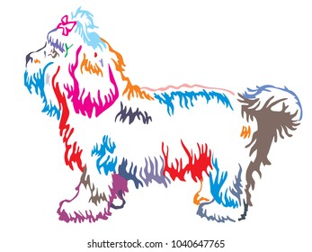 Colorful contour decorative portrait of standing in profile dog Bolonka, vector isolated illustration on white background