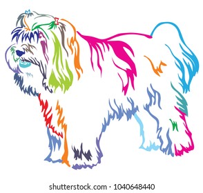 Colorful contour decorative portrait of standing in profile dog Tibetan Terrier, vector isolated illustration on white background