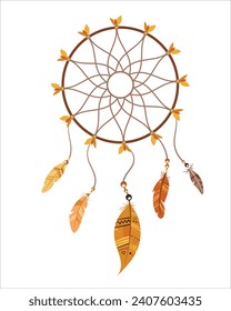 Colorido y contorno de soñador. Vector plano. Aislado. Los colores naranja otoñal pluman la ilustración boho de la tribu india. Para diseño , volante, calendario