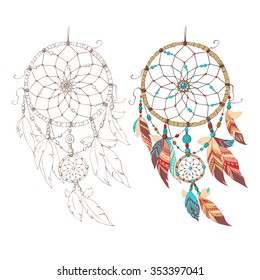 Colorful and contour dreamcatcher.  Flat vector. Isolated.