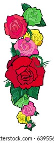 Colorful contour isolated tattoo with red pink yellow green roses on the back