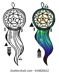 Colorful and contour line dreamcatcher. Isolated on white with geometric figures.Hand drawn ethnic,indian,african,magical,tribal vector illustration.
