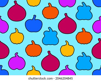 Colorful contours of pumpkins. Pumpkins of various shapes and sizes. Background for wrapping paper, banners and advertising materials. Vector illustration