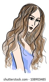 Colorful contrast eps 10 vector sketch of a beautiful fashionable woman with aquamarine shawl