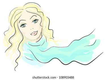 Colorful contrast eps 10 vector sketch of a beautiful fashionable woman with aquamarine shawl