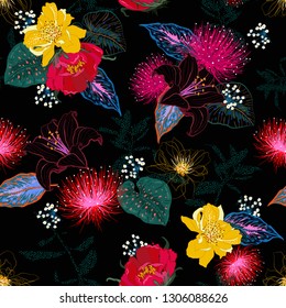 Colorful contrast Floral  in many kind of botanical plants and leaves in the garden night seamless pattern blooming ,texture. Design for fashion,fabric,web,wallpaper,and all prints