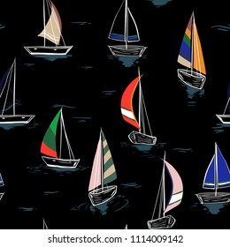 Colorful contrast Hand drawing sketch Seamless summer sea pattern with sailing ships on black background. Nautical pattern vector