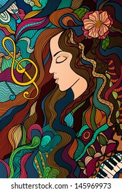 Colorful contrast hand drawn girl and melody. Vector background for your design.