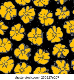 Colorful contrast vector pattern with stylized hand-drawn flowers on a black background. Yellow flowers with a thick gray outline, specks, spots.