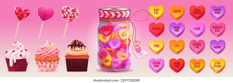 Coloridos caramelos de conversación, copas de caramelo y muffins aislados en un fondo rosado. Dibujo vectorial de caricaturas de caramelos de forma cardíaca con texto de mensaje de amor. Postre para sorpresa romántica