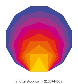 Colorful convex regular polygons, placed inside each other. Equiangular and equilateral polygons with the same line segment length, from a triangle to a dodecagon, showing Mach bands optical illusion.