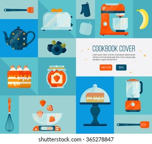 Colorful cookbook cover. Big vector cook icons set. Collection of kitchen items in flat style. Background illustration for printing, web banners or card elements. Color Mosaic.