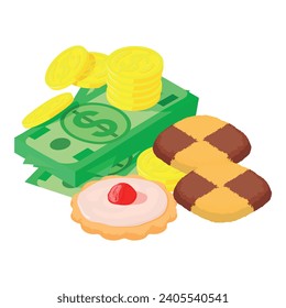 Icono de cookie colorida vector isométrico. Galleta de pan corto cerca del dólar y la moneda. Postre, comida dulce