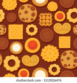 Colorful cookies seamless pattern. Crispy biscuits vector background.
