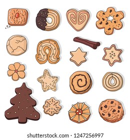 Colorful cookies sketch.  Set of different kinds of cartoon sweets. Hand drawn cookies vector.