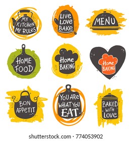 Colorful cooking lettering set. Hand drawn vector illustration. Can be used for badges, labels, logo, bakery, street festival, farmers market, country fair, shop, kitchen classes, cafe, food studio.